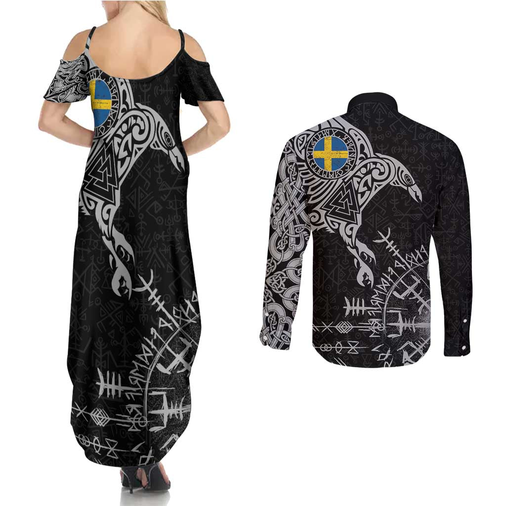 Sweden Viking Ravens Couples Matching Summer Maxi Dress and Long Sleeve Button Shirt Vegvisir Runes Pattern - Wonder Print Shop