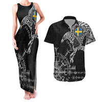 Sweden Viking Ravens Couples Matching Tank Maxi Dress and Hawaiian Shirt Vegvisir Runes Pattern - Wonder Print Shop