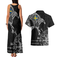 Sweden Viking Ravens Couples Matching Tank Maxi Dress and Hawaiian Shirt Vegvisir Runes Pattern - Wonder Print Shop