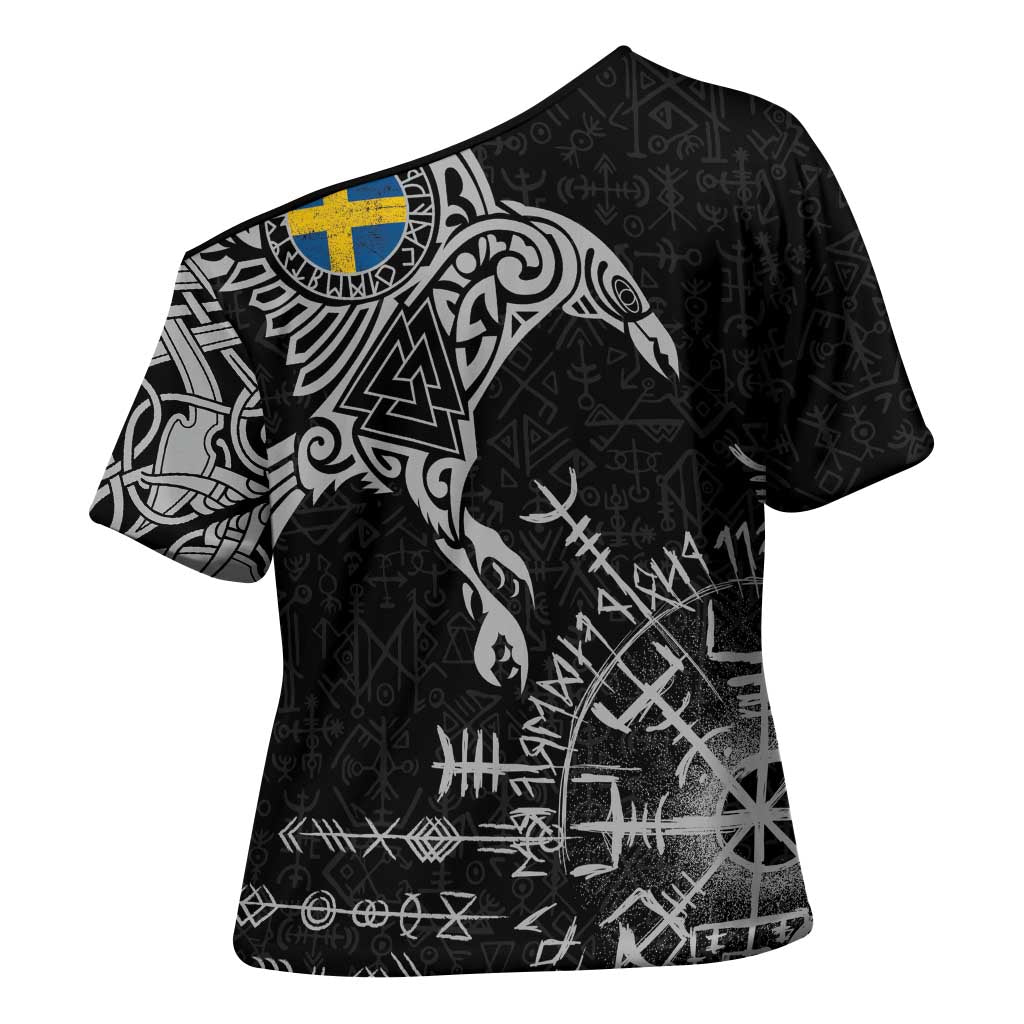 Sweden Viking Ravens Cross Shoulder Shirt Vegvisir Runes Pattern - Wonder Print Shop