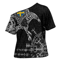 Sweden Viking Ravens Cross Shoulder Shirt Vegvisir Runes Pattern - Wonder Print Shop