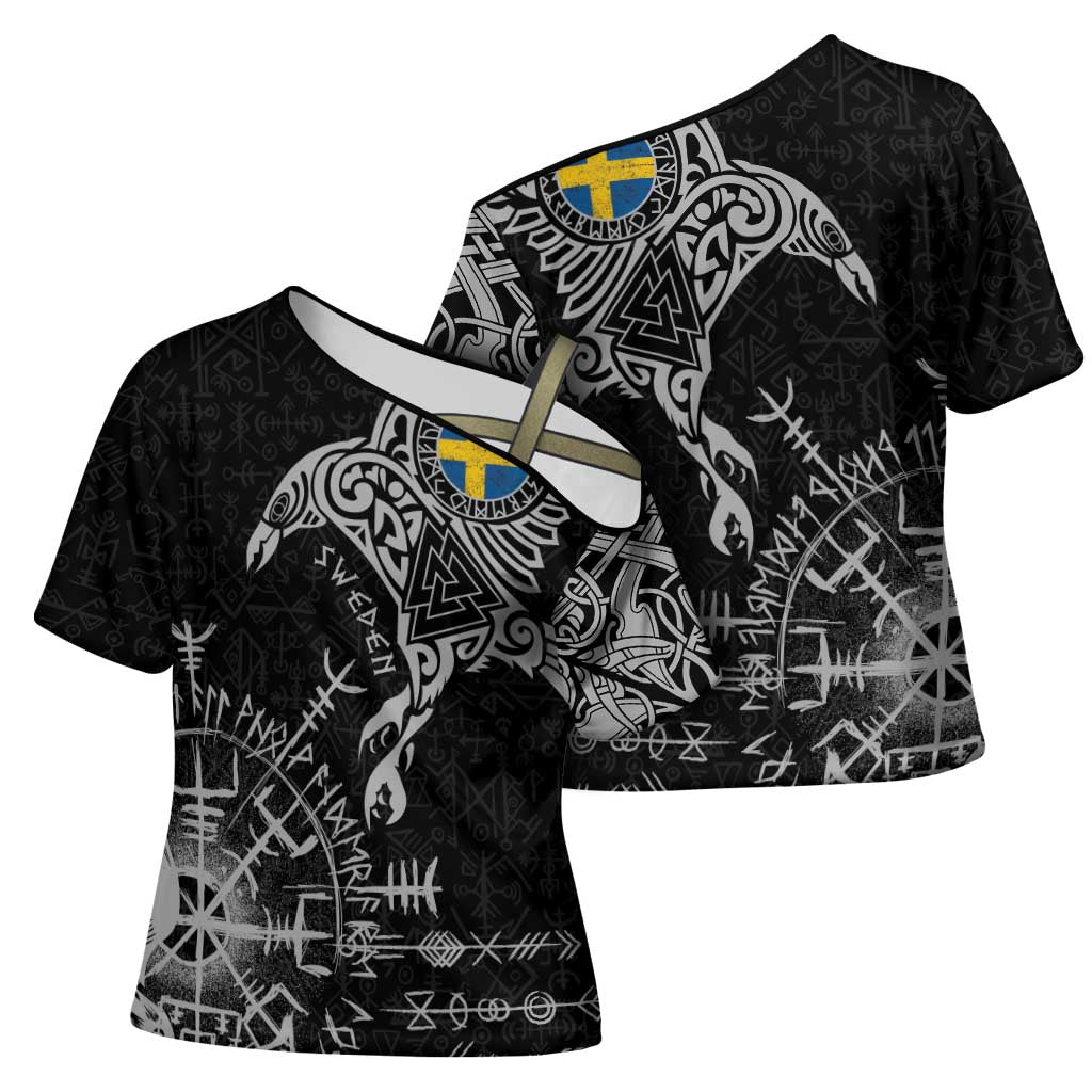 Sweden Viking Ravens Cross Shoulder Shirt Vegvisir Runes Pattern - Wonder Print Shop