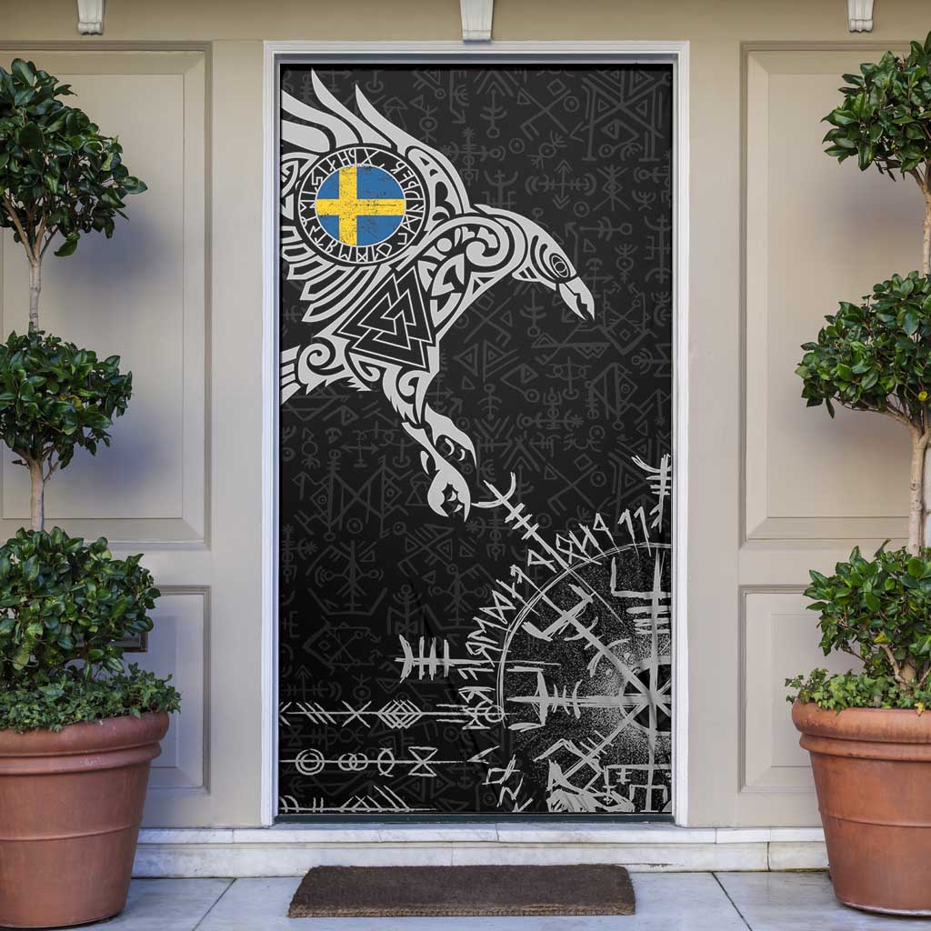 Sweden Viking Ravens Door Cover Vegvisir Runes Pattern - Wonder Print Shop