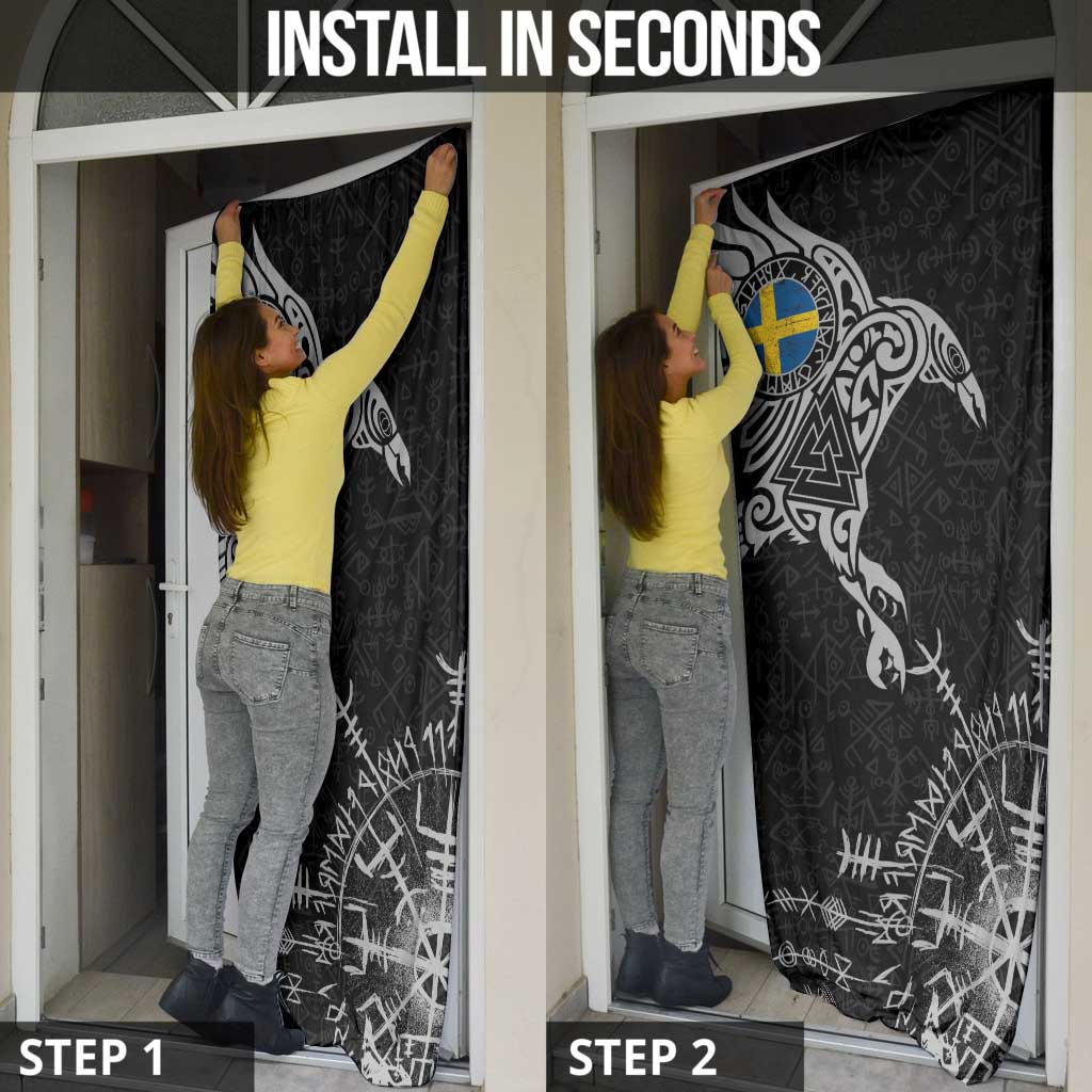 Sweden Viking Ravens Door Cover Vegvisir Runes Pattern - Wonder Print Shop