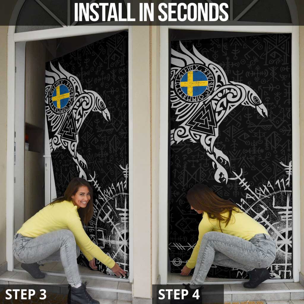 Sweden Viking Ravens Door Cover Vegvisir Runes Pattern - Wonder Print Shop