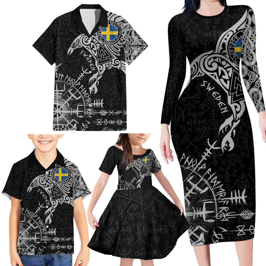 Sweden Viking Ravens Family Matching Long Sleeve Bodycon Dress and Hawaiian Shirt Vegvisir Runes Pattern - Wonder Print Shop