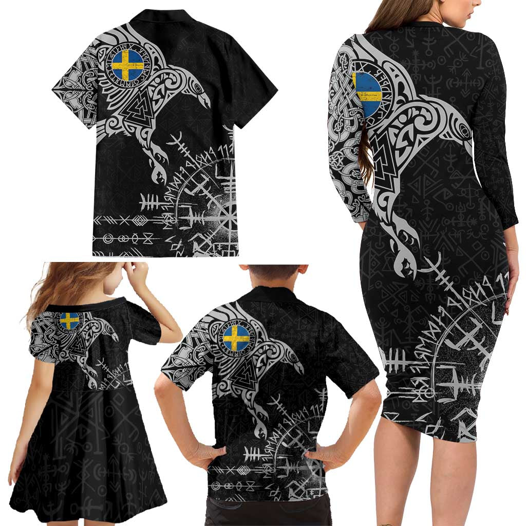 Sweden Viking Ravens Family Matching Long Sleeve Bodycon Dress and Hawaiian Shirt Vegvisir Runes Pattern - Wonder Print Shop