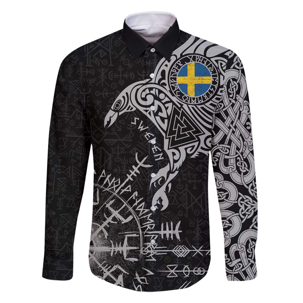 Sweden Viking Ravens Family Matching Long Sleeve Bodycon Dress and Hawaiian Shirt Vegvisir Runes Pattern - Wonder Print Shop