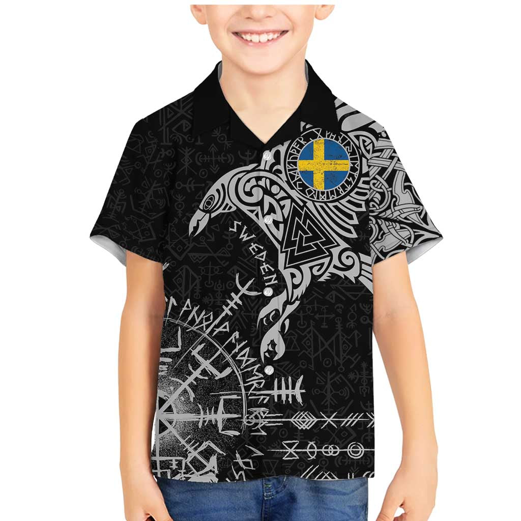 Sweden Viking Ravens Family Matching Mermaid Dress and Hawaiian Shirt Vegvisir Runes Pattern - Wonder Print Shop