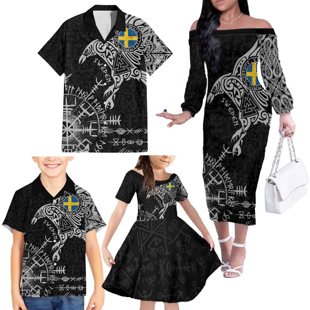 Sweden Viking Ravens Family Matching Off The Shoulder Long Sleeve Dress and Hawaiian Shirt Vegvisir Runes Pattern - Wonder Print Shop