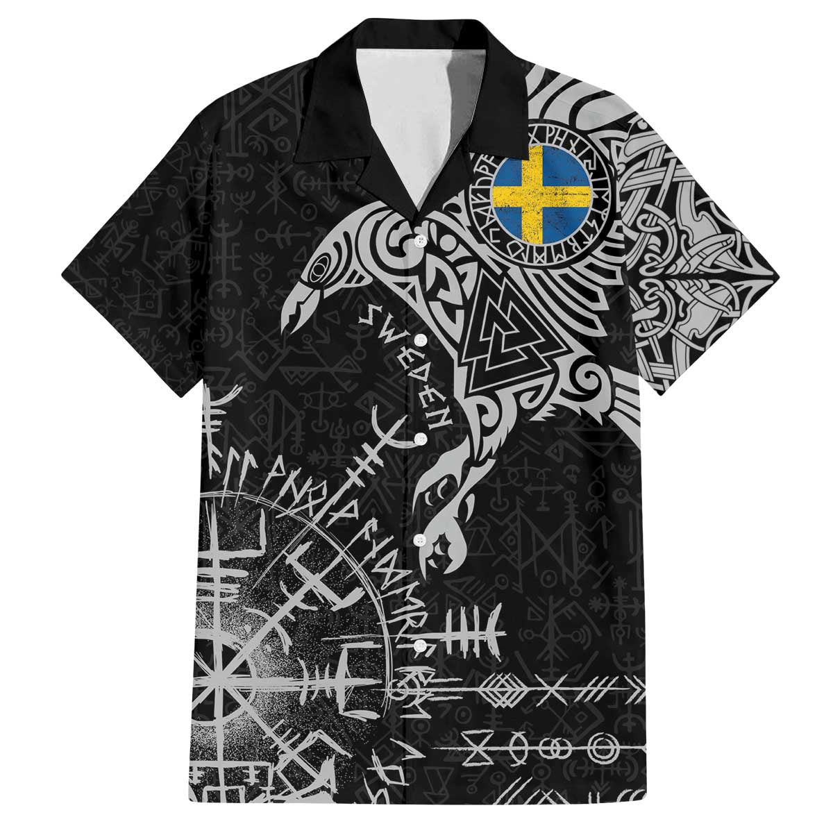 Sweden Viking Ravens Family Matching Off The Shoulder Long Sleeve Dress and Hawaiian Shirt Vegvisir Runes Pattern - Wonder Print Shop