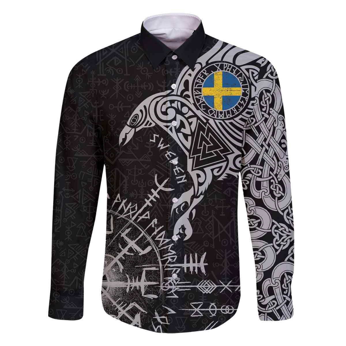 Sweden Viking Ravens Family Matching Off The Shoulder Long Sleeve Dress and Hawaiian Shirt Vegvisir Runes Pattern - Wonder Print Shop