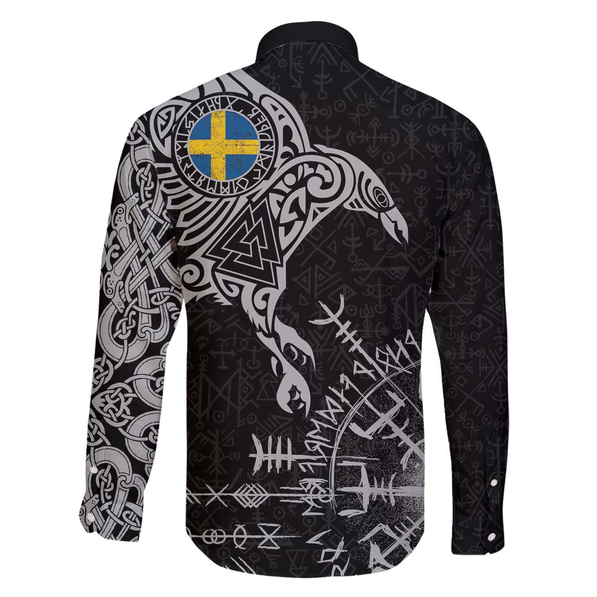 Sweden Viking Ravens Family Matching Off The Shoulder Long Sleeve Dress and Hawaiian Shirt Vegvisir Runes Pattern - Wonder Print Shop
