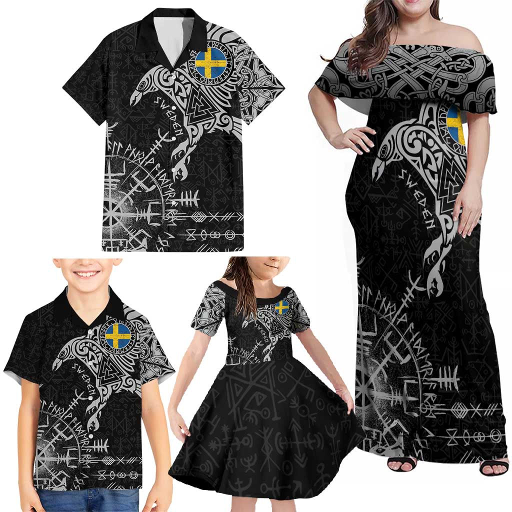 Sweden Viking Ravens Family Matching Off Shoulder Maxi Dress and Hawaiian Shirt Vegvisir Runes Pattern - Wonder Print Shop