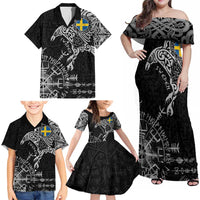 Sweden Viking Ravens Family Matching Off Shoulder Maxi Dress and Hawaiian Shirt Vegvisir Runes Pattern - Wonder Print Shop
