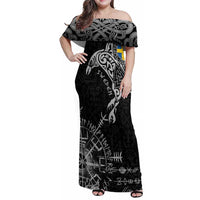 Sweden Viking Ravens Family Matching Off Shoulder Maxi Dress and Hawaiian Shirt Vegvisir Runes Pattern - Wonder Print Shop