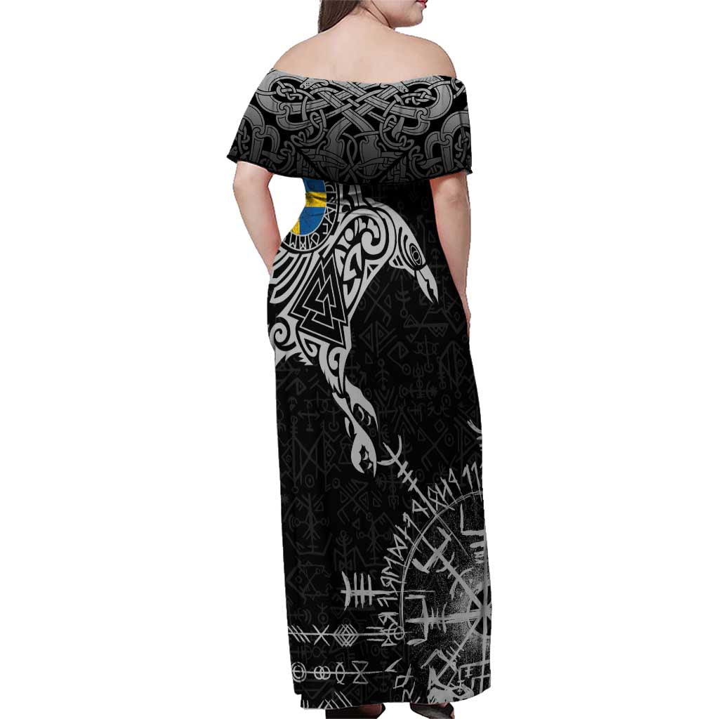 Sweden Viking Ravens Family Matching Off Shoulder Maxi Dress and Hawaiian Shirt Vegvisir Runes Pattern - Wonder Print Shop