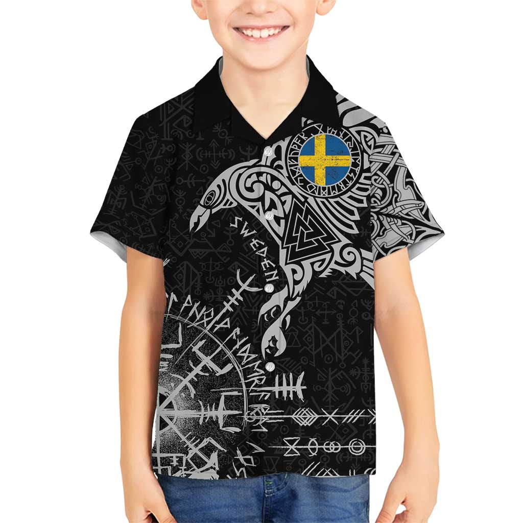 Sweden Viking Ravens Family Matching Off Shoulder Maxi Dress and Hawaiian Shirt Vegvisir Runes Pattern - Wonder Print Shop