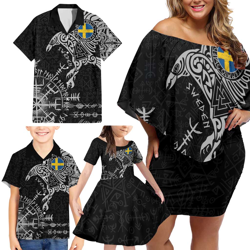 Sweden Viking Ravens Family Matching Off Shoulder Short Dress and Hawaiian Shirt Vegvisir Runes Pattern - Wonder Print Shop