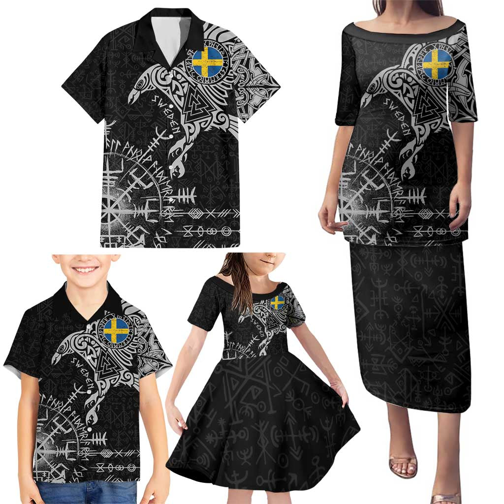 Sweden Viking Ravens Family Matching Puletasi and Hawaiian Shirt Vegvisir Runes Pattern - Wonder Print Shop