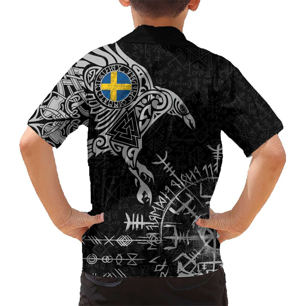 Sweden Viking Ravens Family Matching Short Sleeve Bodycon Dress and Hawaiian Shirt Vegvisir Runes Pattern - Wonder Print Shop