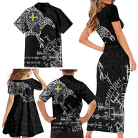 Sweden Viking Ravens Family Matching Short Sleeve Bodycon Dress and Hawaiian Shirt Vegvisir Runes Pattern - Wonder Print Shop