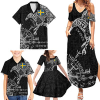 Sweden Viking Ravens Family Matching Summer Maxi Dress and Hawaiian Shirt Vegvisir Runes Pattern - Wonder Print Shop