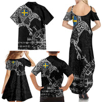 Sweden Viking Ravens Family Matching Summer Maxi Dress and Hawaiian Shirt Vegvisir Runes Pattern - Wonder Print Shop