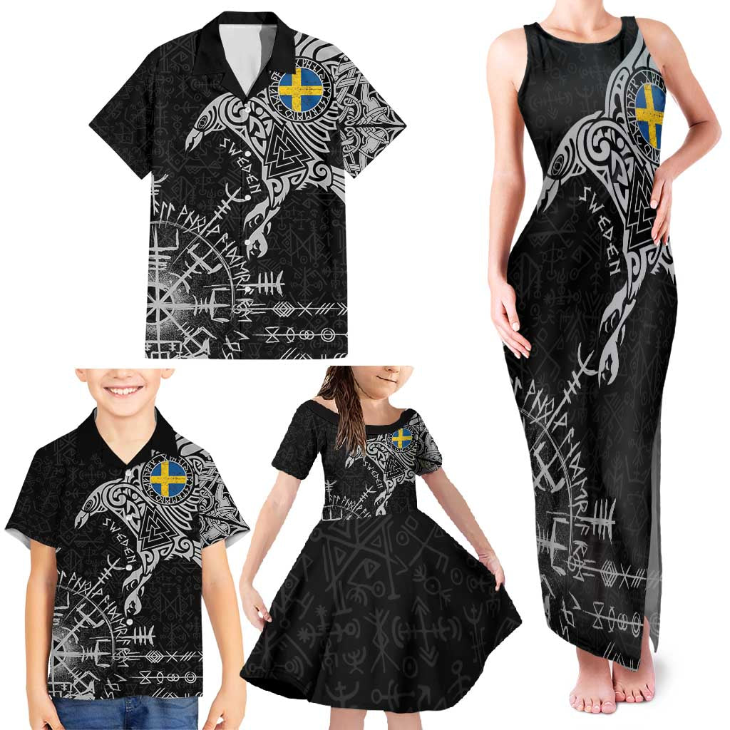 Sweden Viking Ravens Family Matching Tank Maxi Dress and Hawaiian Shirt Vegvisir Runes Pattern - Wonder Print Shop