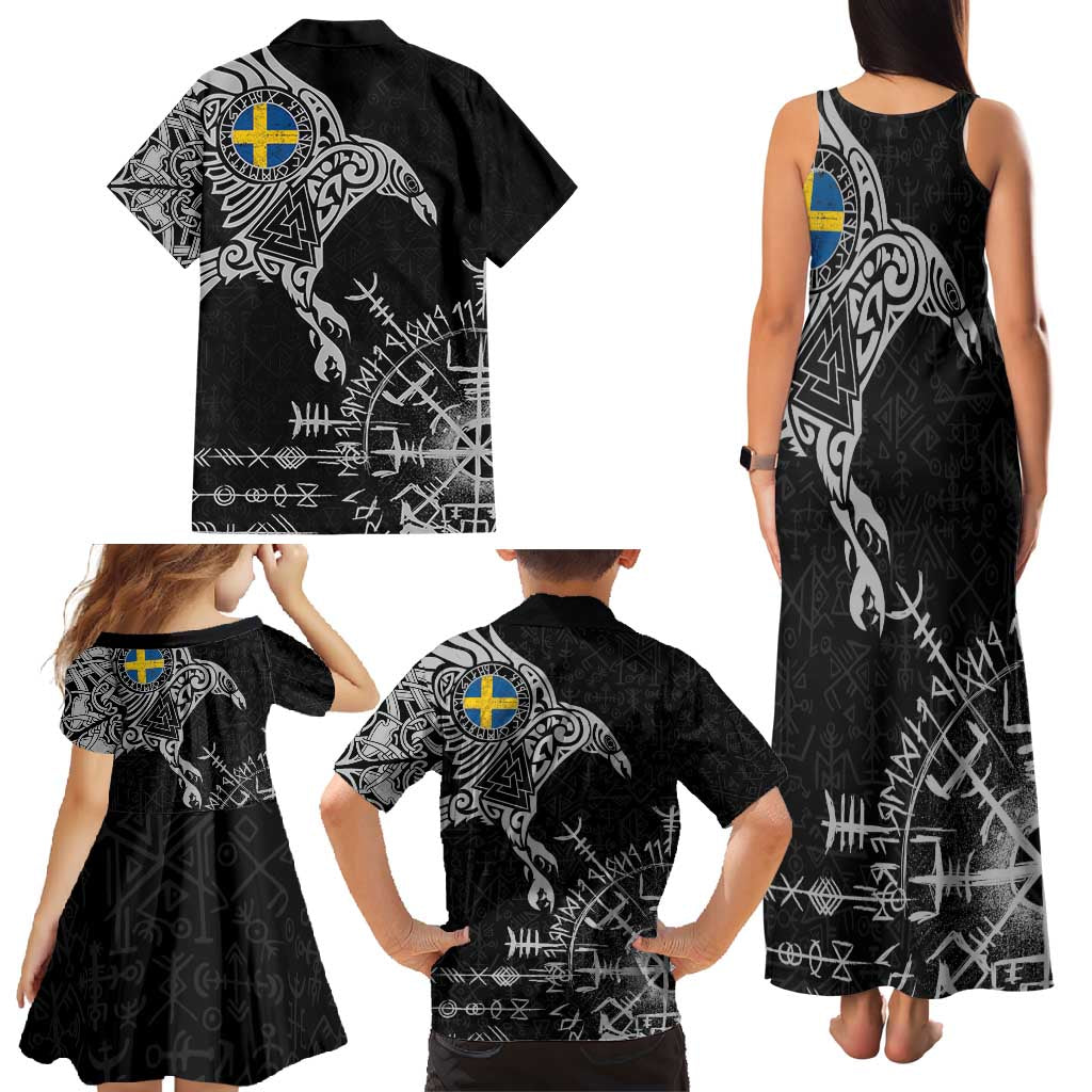 Sweden Viking Ravens Family Matching Tank Maxi Dress and Hawaiian Shirt Vegvisir Runes Pattern - Wonder Print Shop