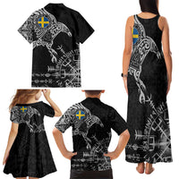 Sweden Viking Ravens Family Matching Tank Maxi Dress and Hawaiian Shirt Vegvisir Runes Pattern - Wonder Print Shop