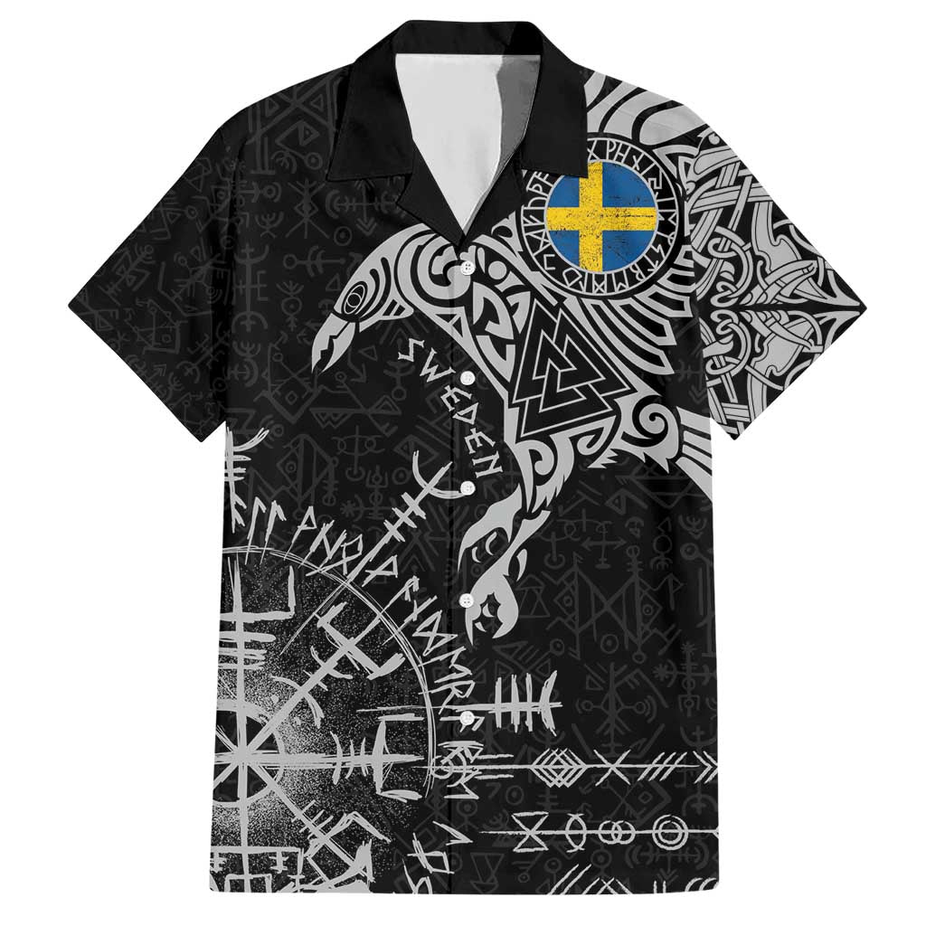 Sweden Viking Ravens Hawaiian Shirt Vegvisir Runes Pattern - Wonder Print Shop