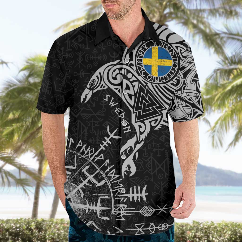 Sweden Viking Ravens Hawaiian Shirt Vegvisir Runes Pattern - Wonder Print Shop
