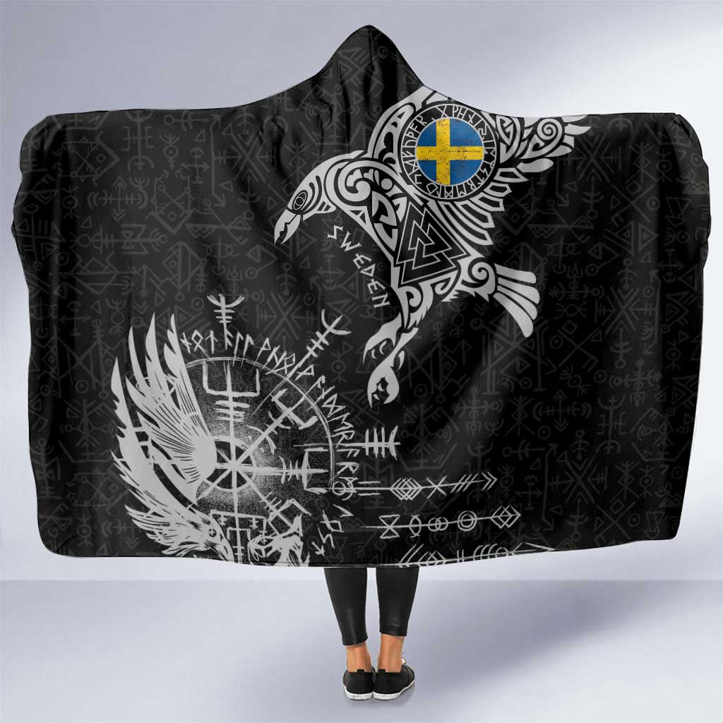Sweden Viking Ravens Hooded Blanket Vegvisir Runes Pattern - Wonder Print Shop