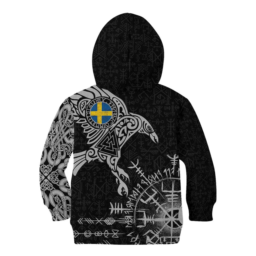Sweden Viking Ravens Kid Hoodie Vegvisir Runes Pattern - Wonder Print Shop