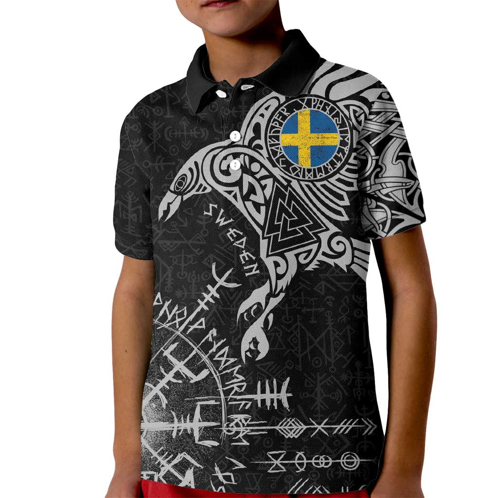 Sweden Viking Ravens Kid Polo Shirt Vegvisir Runes Pattern - Wonder Print Shop