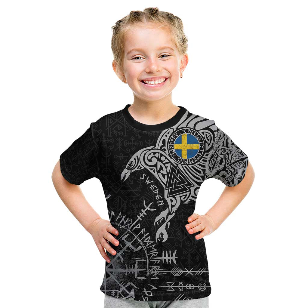 Sweden Viking Ravens Kid T Shirt Vegvisir Runes Pattern - Wonder Print Shop