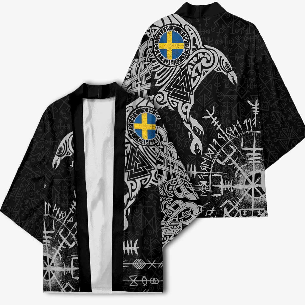 Sweden Viking Ravens Kimono Vegvisir Runes Pattern - Wonder Print Shop
