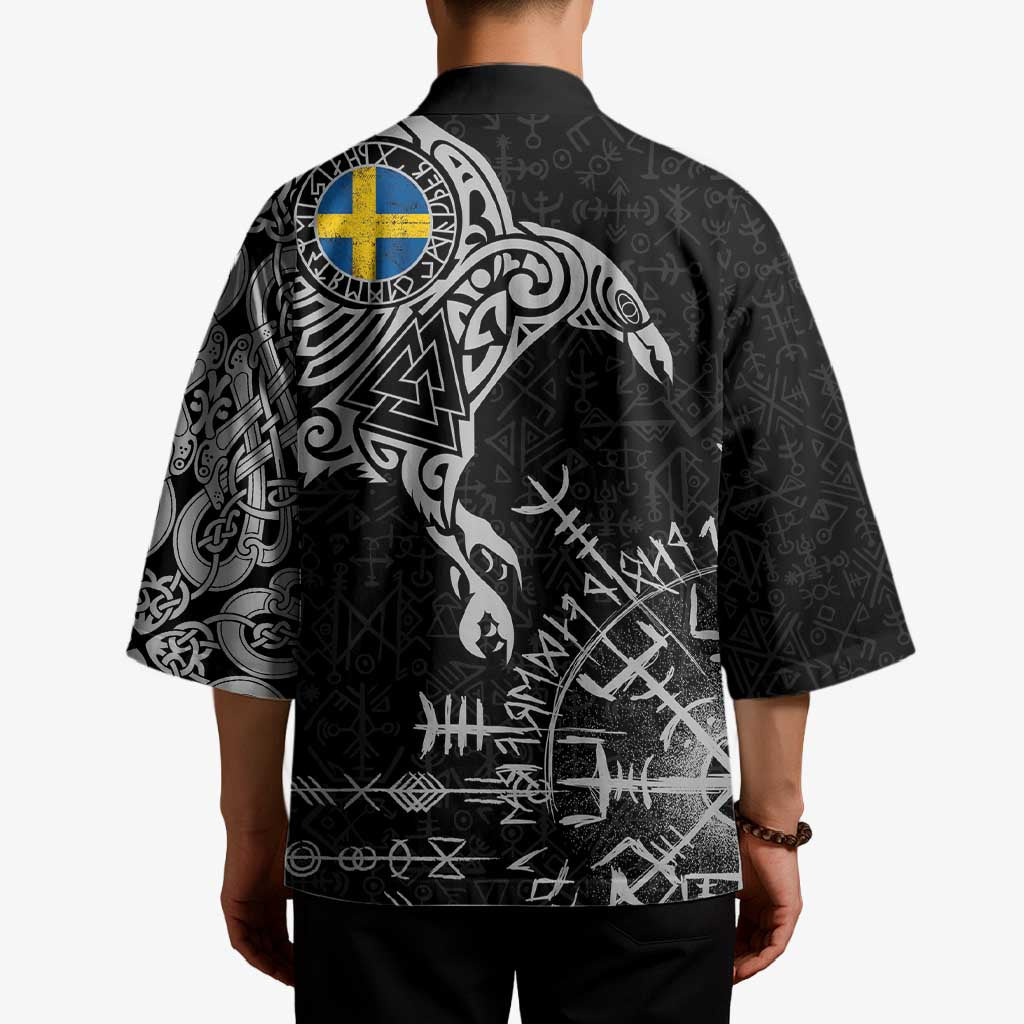 Sweden Viking Ravens Kimono Vegvisir Runes Pattern - Wonder Print Shop