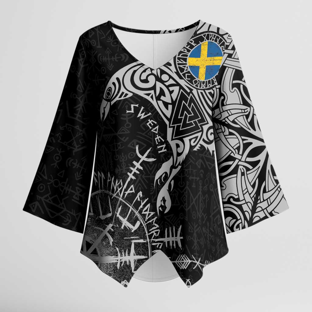 Sweden Viking Ravens Kimono Sleeve Blouse Vegvisir Runes Pattern - Wonder Print Shop