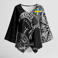 Sweden Viking Ravens Kimono Sleeve Blouse Vegvisir Runes Pattern - Wonder Print Shop