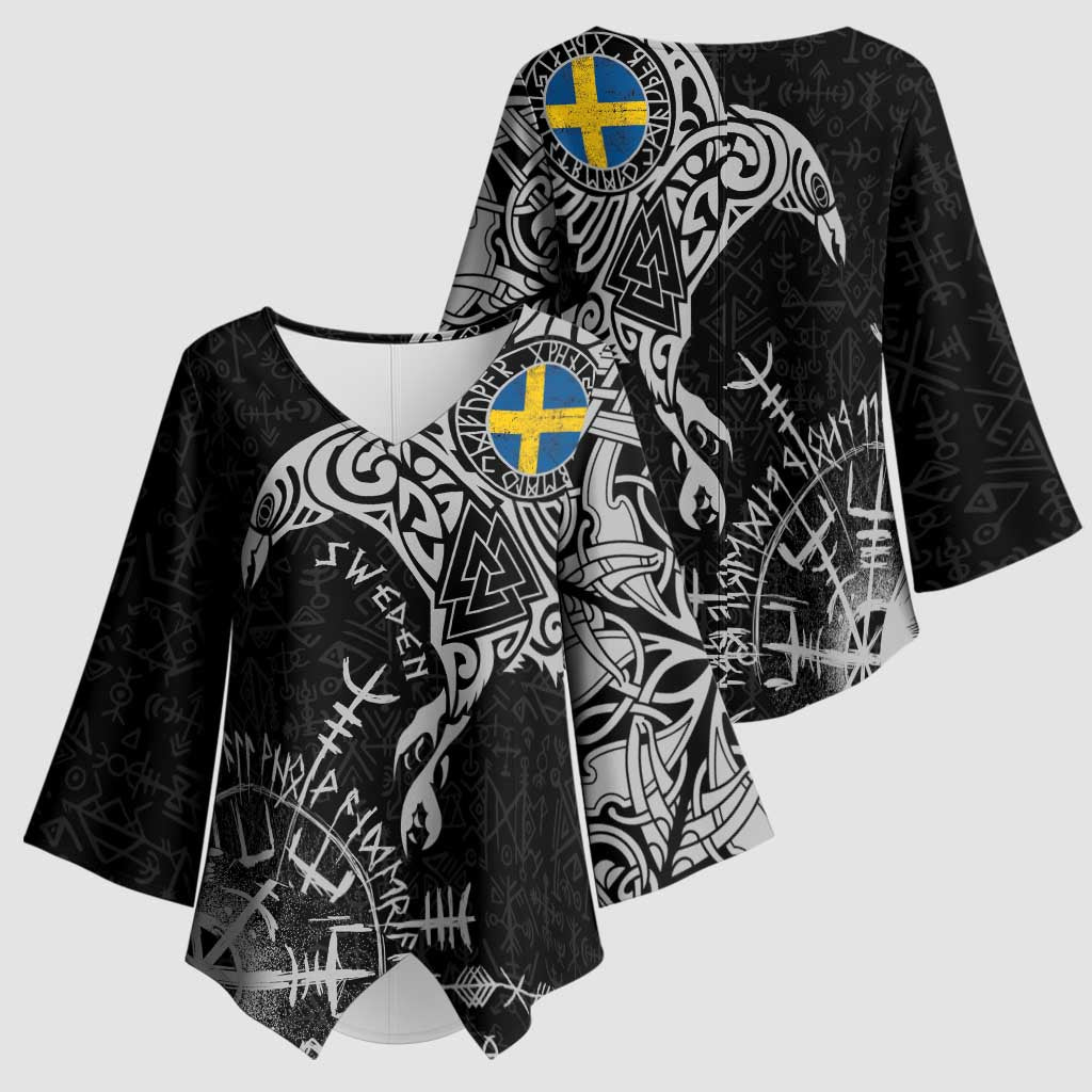 Sweden Viking Ravens Kimono Sleeve Blouse Vegvisir Runes Pattern - Wonder Print Shop