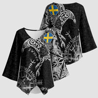 Sweden Viking Ravens Kimono Sleeve Blouse Vegvisir Runes Pattern - Wonder Print Shop