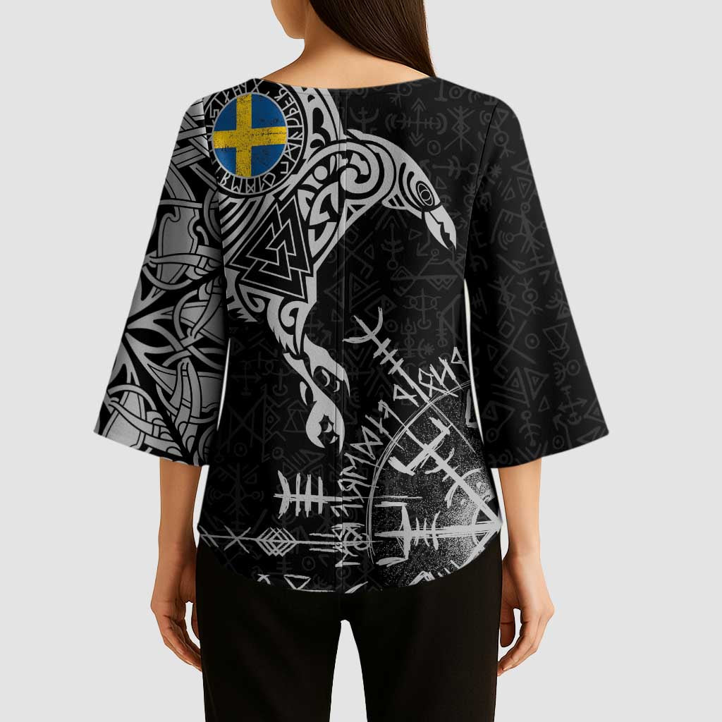 Sweden Viking Ravens Kimono Sleeve Blouse Vegvisir Runes Pattern - Wonder Print Shop