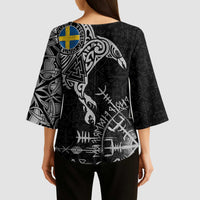 Sweden Viking Ravens Kimono Sleeve Blouse Vegvisir Runes Pattern - Wonder Print Shop