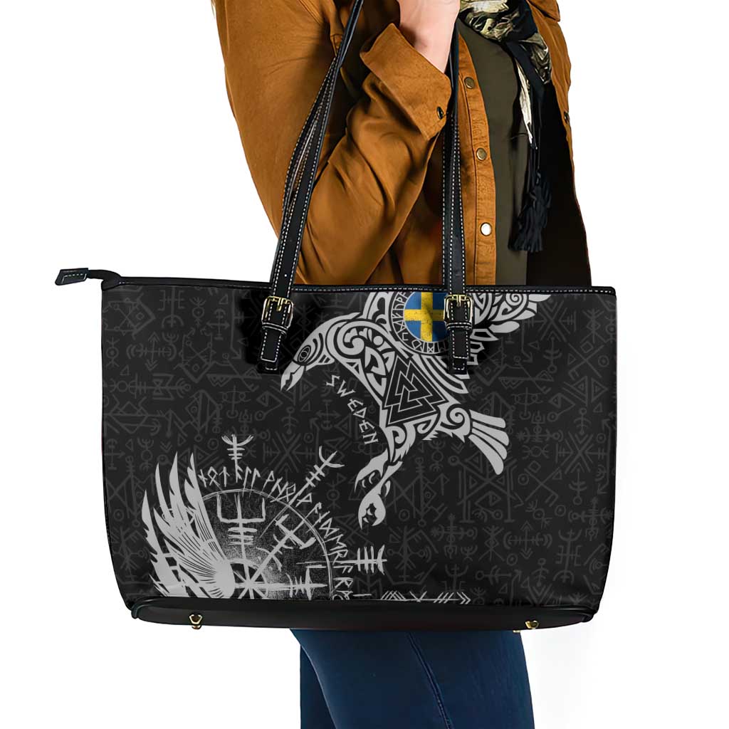 Sweden Viking Ravens Leather Tote Bag Vegvisir Runes Pattern - Wonder Print Shop