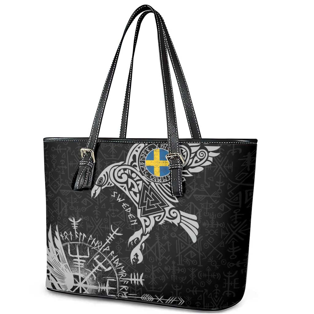 Sweden Viking Ravens Leather Tote Bag Vegvisir Runes Pattern - Wonder Print Shop