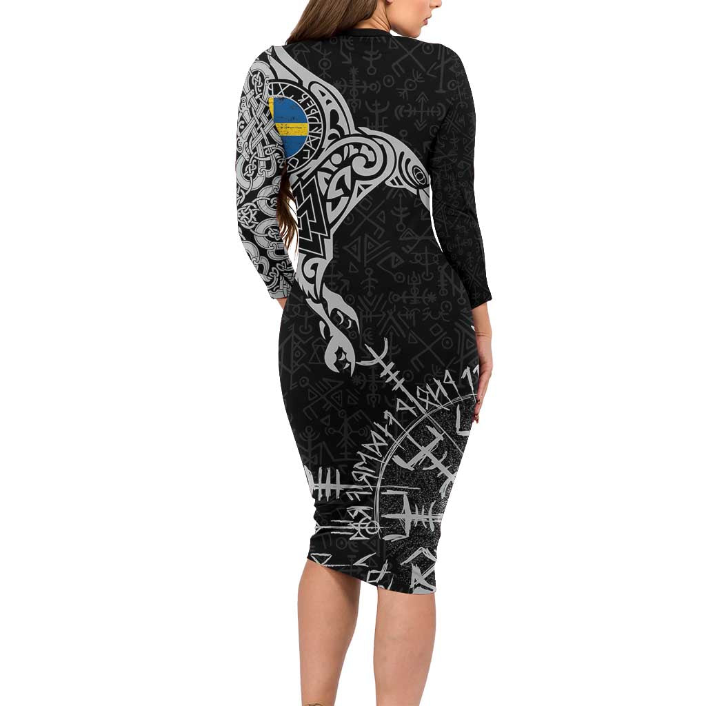 Sweden Viking Ravens Long Sleeve Bodycon Dress Vegvisir Runes Pattern - Wonder Print Shop