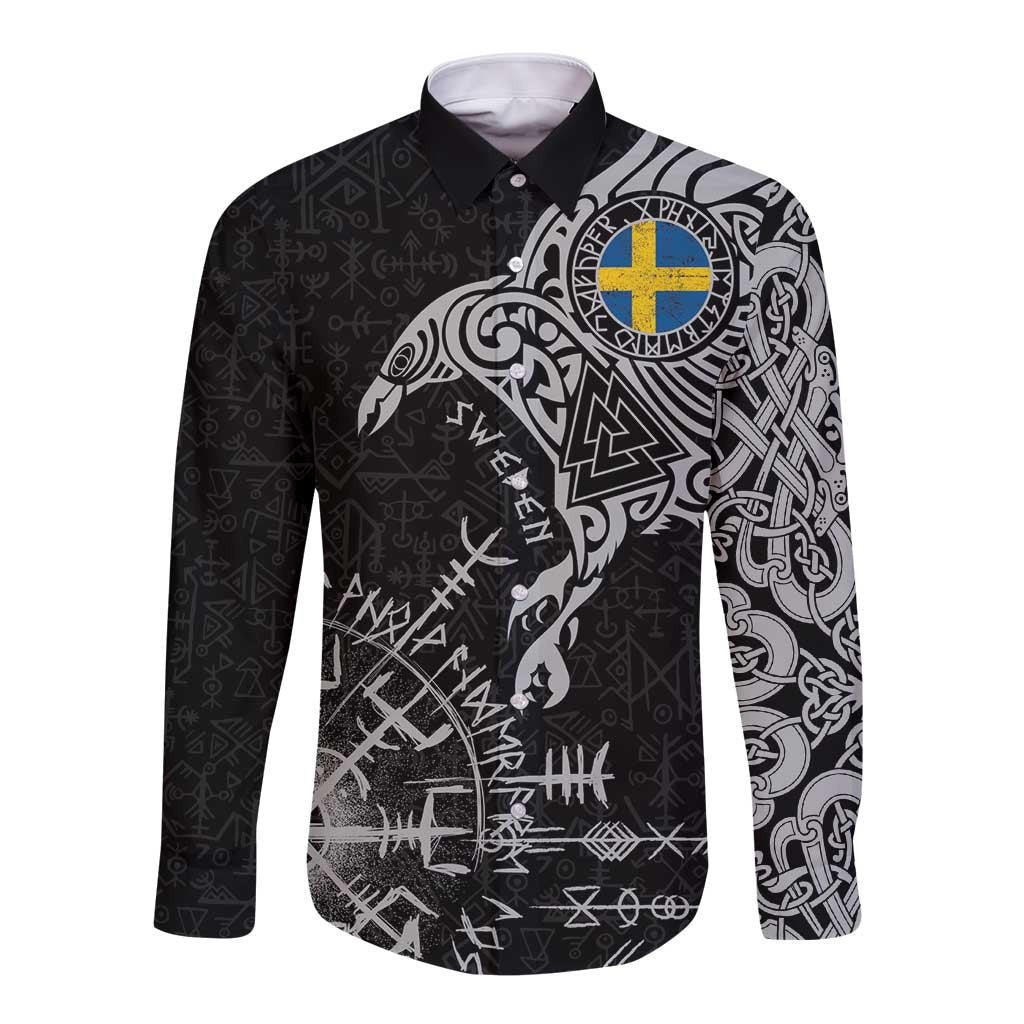 Sweden Viking Ravens Long Sleeve Button Shirt Vegvisir Runes Pattern - Wonder Print Shop