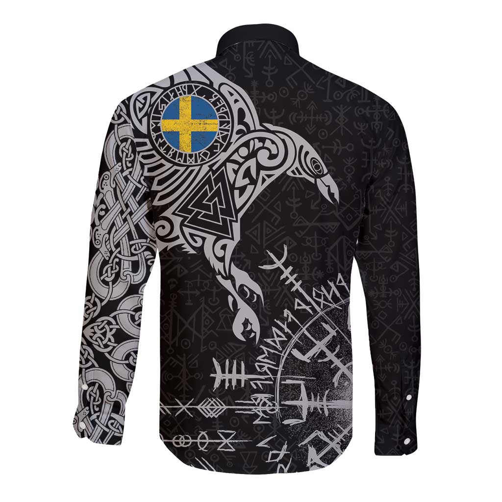 Sweden Viking Ravens Long Sleeve Button Shirt Vegvisir Runes Pattern - Wonder Print Shop